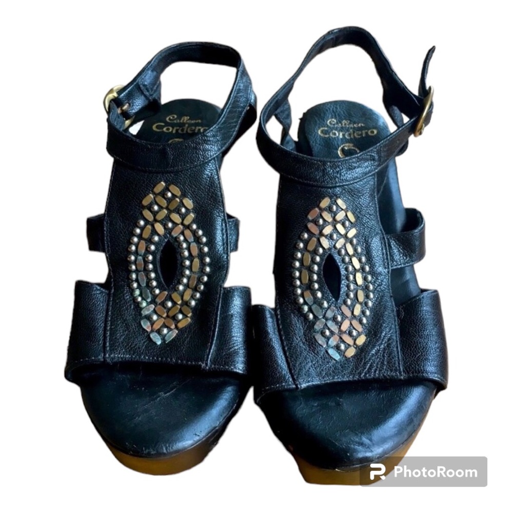 Calleen Cordero Black Studded wood Wedge Heels